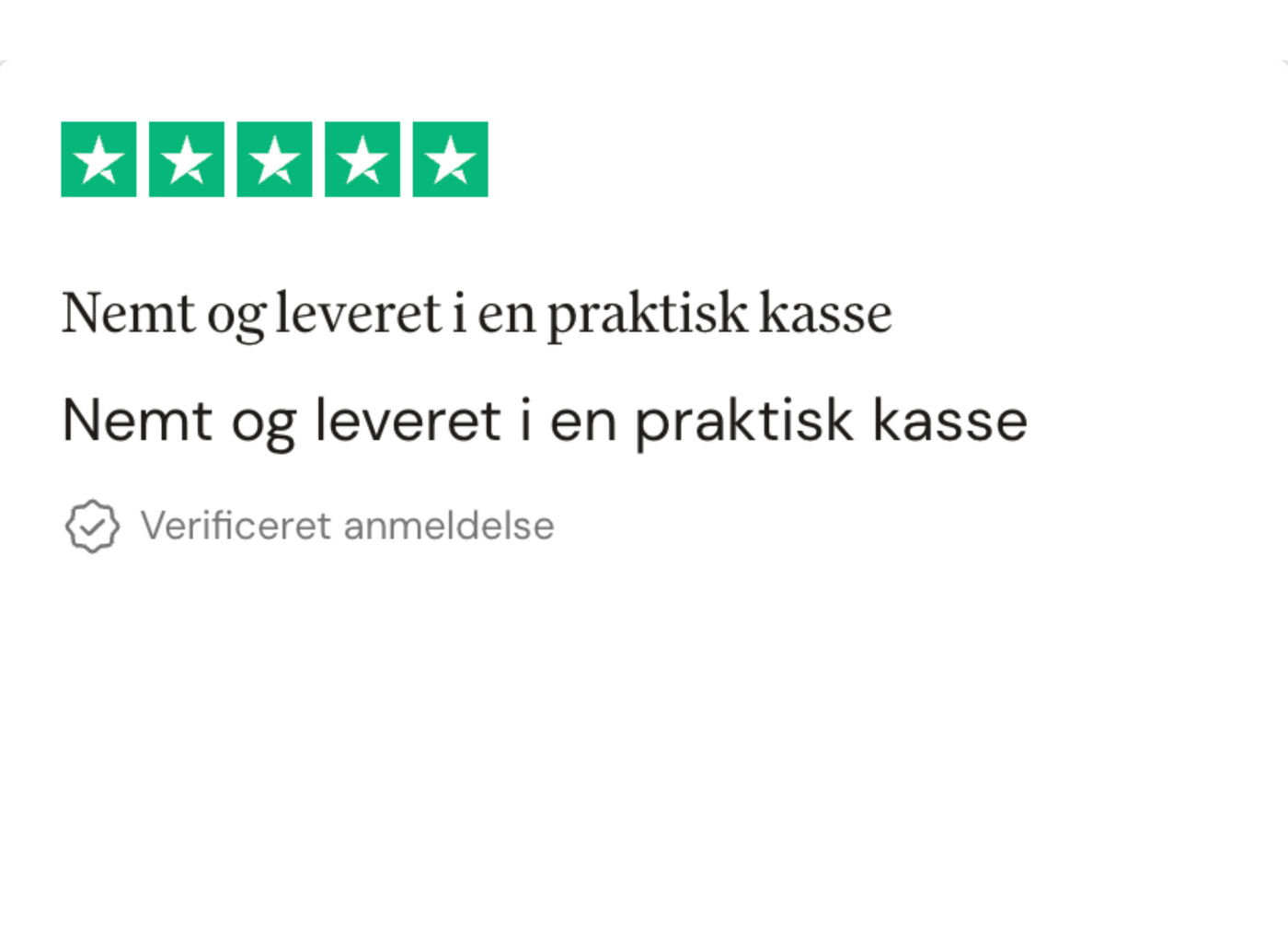 ALT="Kundeanmeldelse med fem stjerner, hvor kunden fremhæver, at PrepBox er nem og leveres i en praktisk kasse.