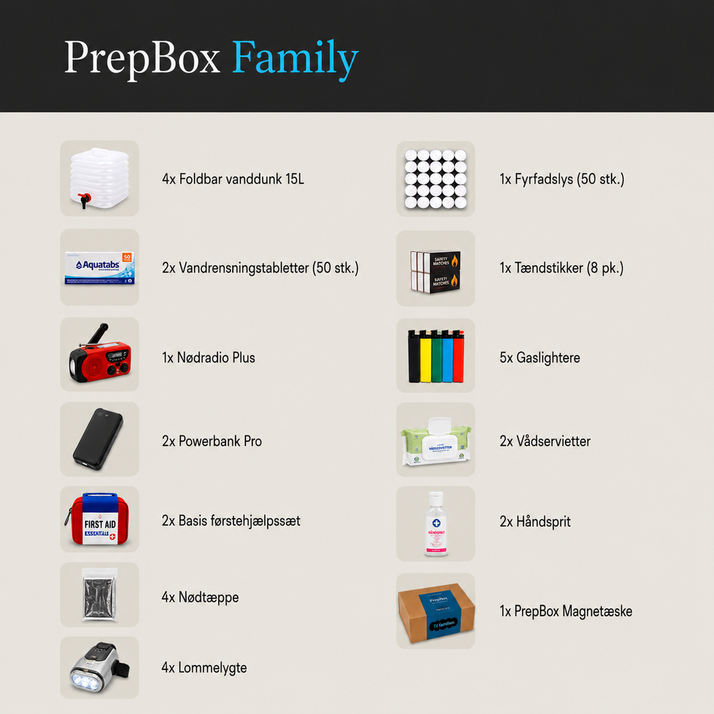 Oversigt over indholdet i PrepBox Family beredskabskasse med vanddunke, vandrensningstabletter, nødradio, powerbanks, førstehjælpssæt, nødtæpper, lommelygter, fyrfadslys, tændstikker, gaslightere, vådservietter, håndsprit og magnetæske.