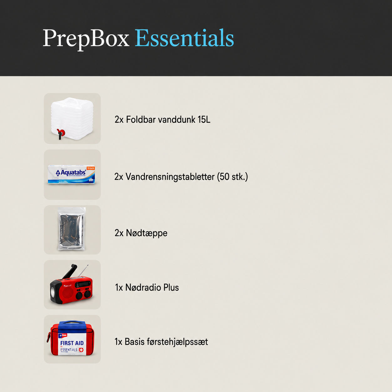 Oversigt over indholdet i PrepBox Essentials med foldbare vanddunke, vandrensningstabletter, nødtæpper, nødradio og førstehjælpssæt.