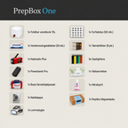 Oversigt over indholdet i PrepBox One beredskabskasse med vanddunke, vandrensningstabletter, nødradio, powerbanks, førstehjælpssæt, nødtæpper, lommelygter, fyrfadslys, tændstikker, gaslightere, vådservietter, håndsprit og magnetæske.