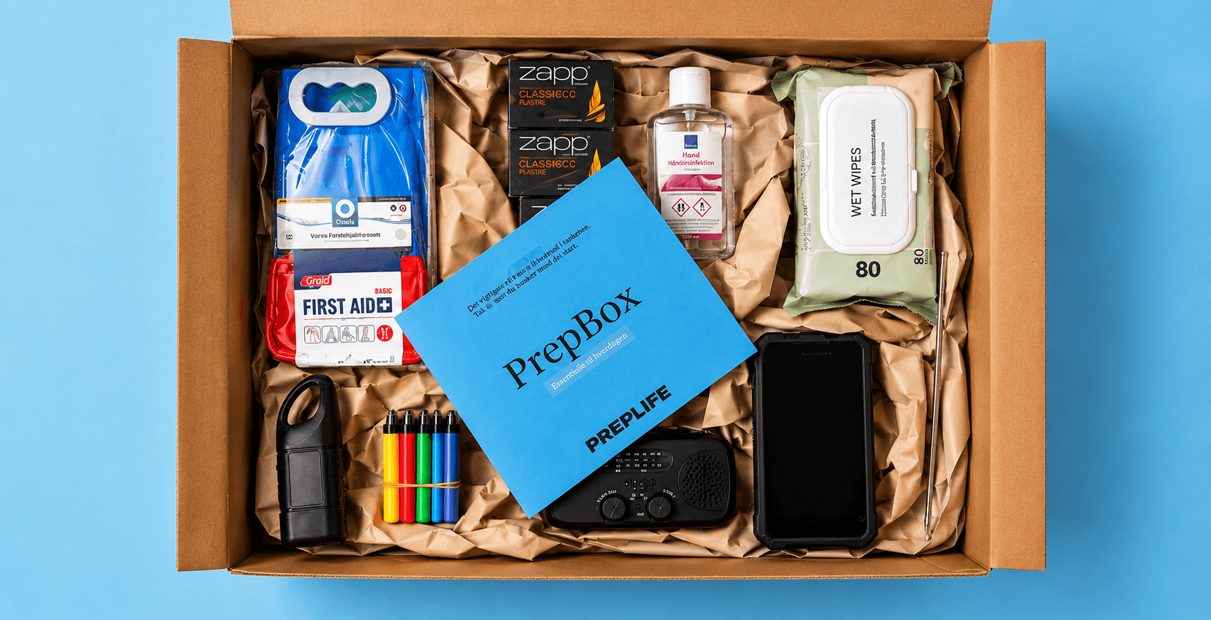 Åben PrepBox med organiseret beredskabsudstyr som førstehjælpssæt, foldbar vanddunk, hånddesinfektion, vådservietter, tændstikker, lommelygte, gaslightere, nødradio og powerbank.