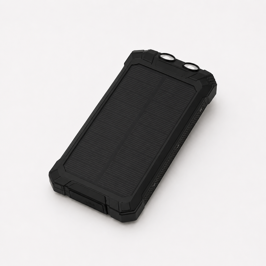 Sort powerbank med solcelle opladning