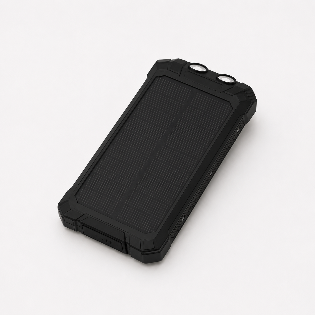 Sort powerbank med solcelle opladning